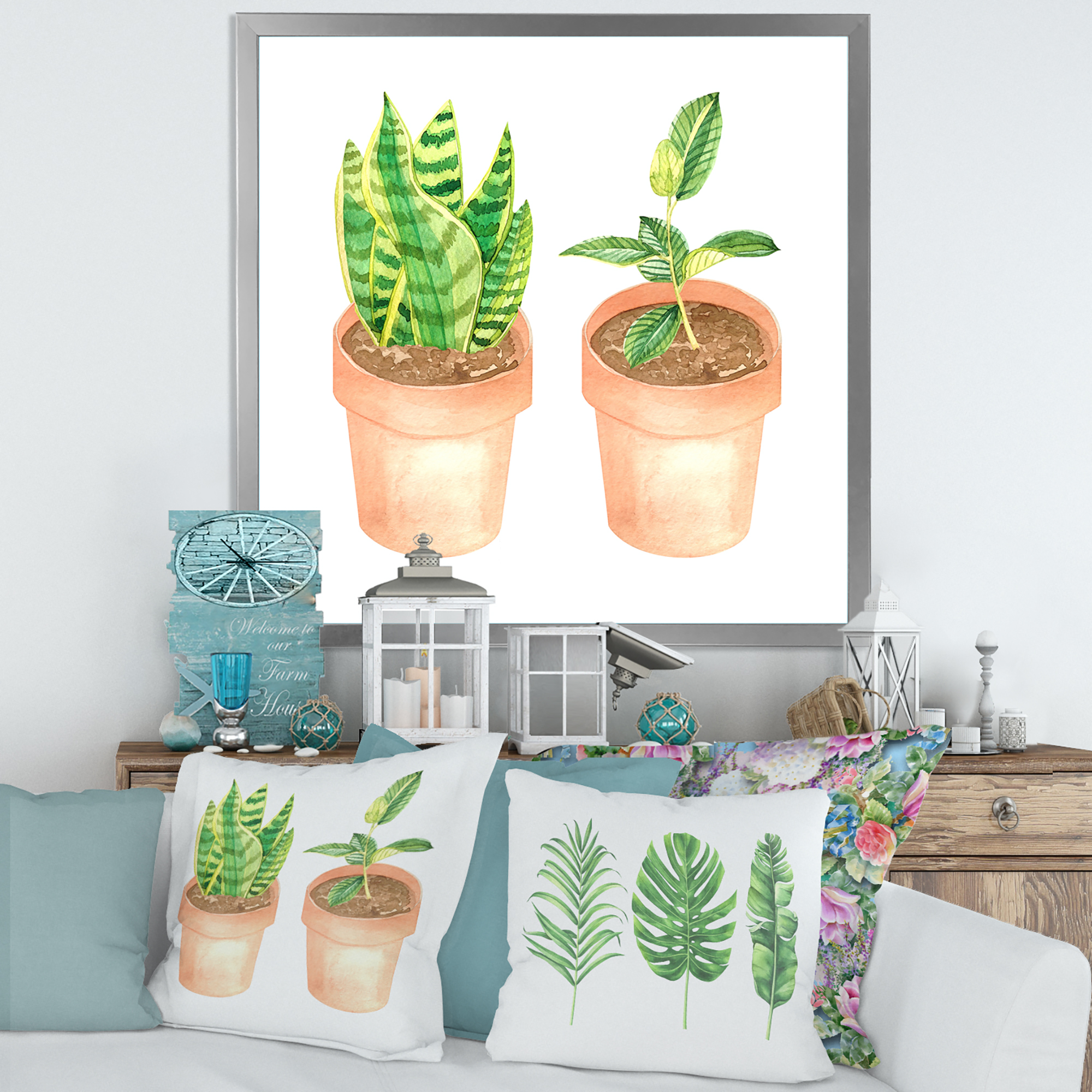 Designart 'Ficus and Sansevieria Indoor Green Home House Plants' Traditional Framed Art Print