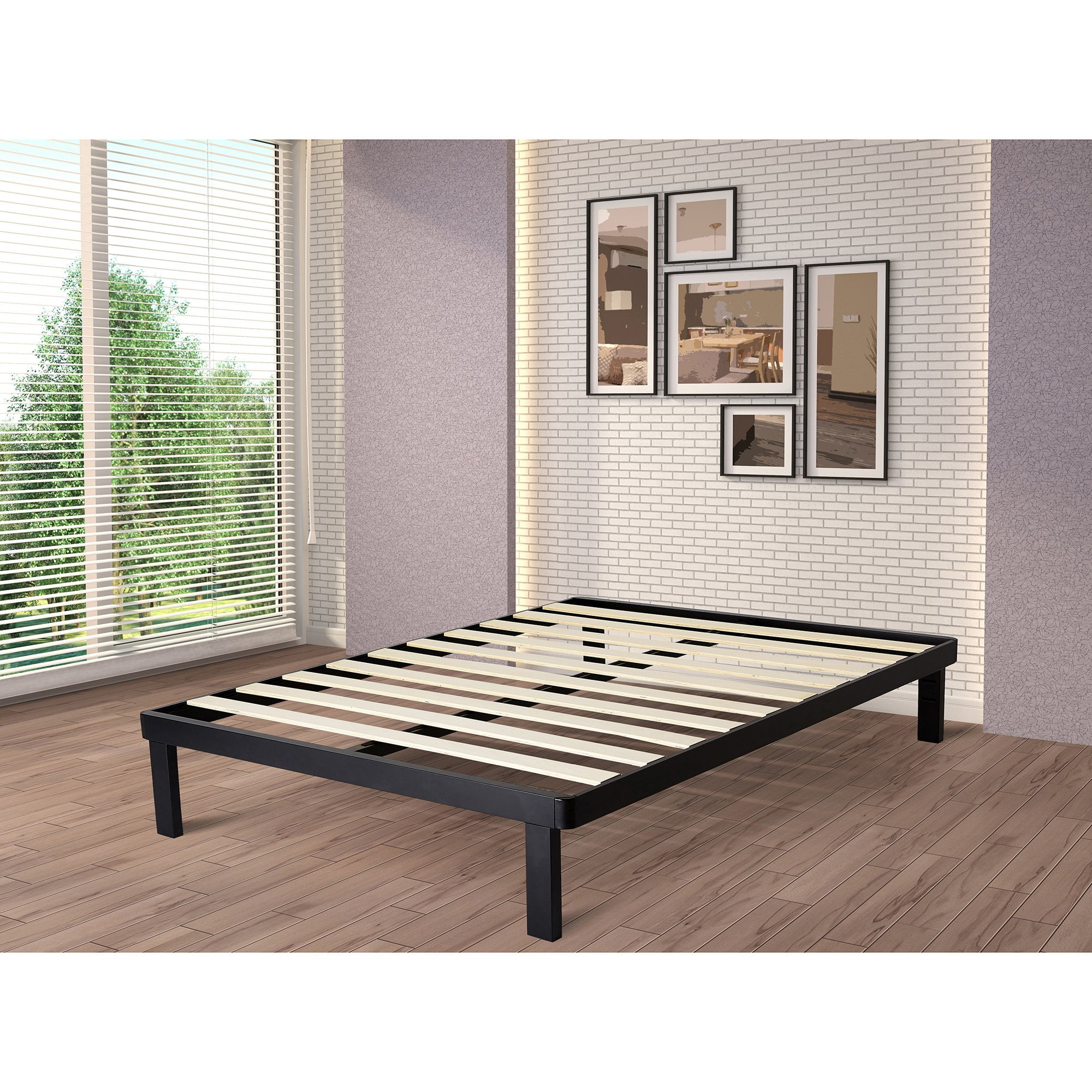 Intellibase Deluxe Black Metal Platform Bed Frame With Wooden Slats Intellibase Deluxe Black Metal Platform Bed Frame With Wooden Slats Queen Sized Com
