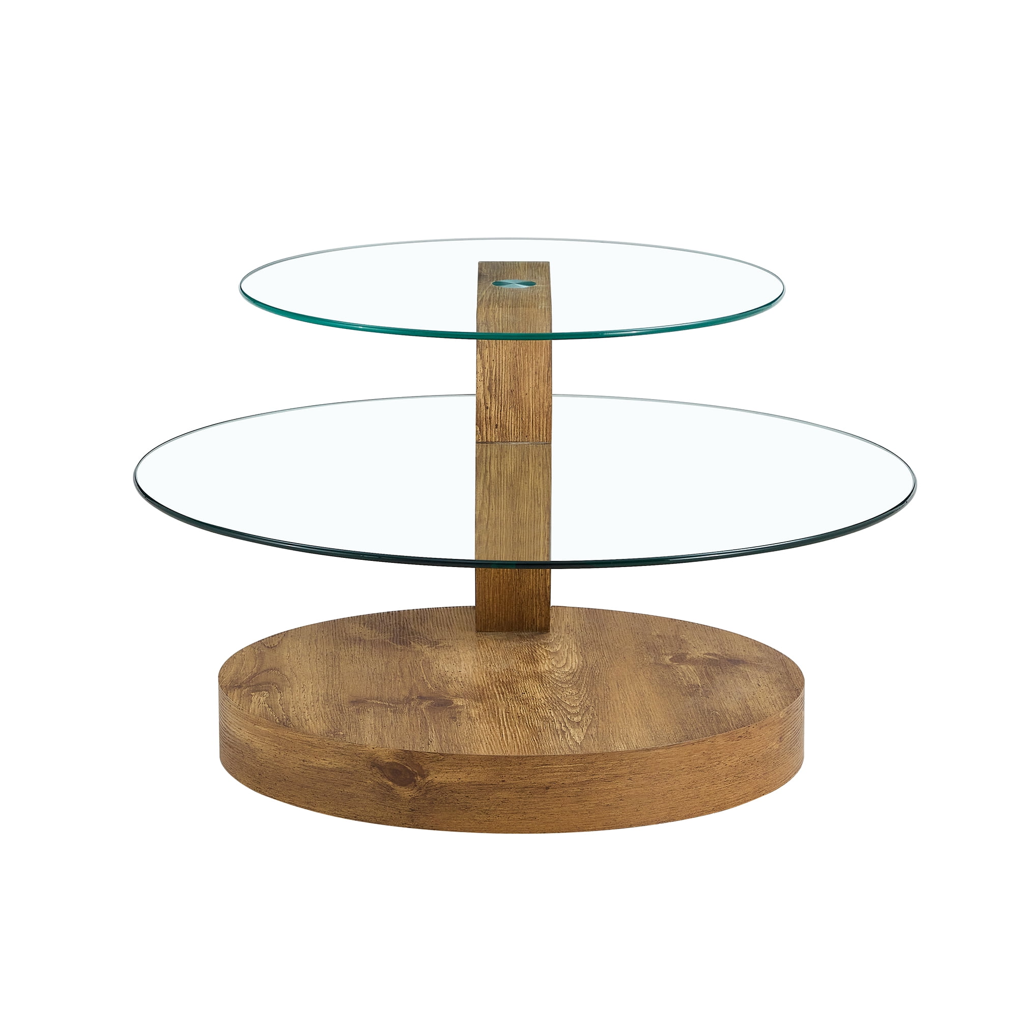 Vanress 42" Glass Coffee Table, Round Coffee Table, Modern Double Layer Round Glass Coffee Table for Living Room, Wood