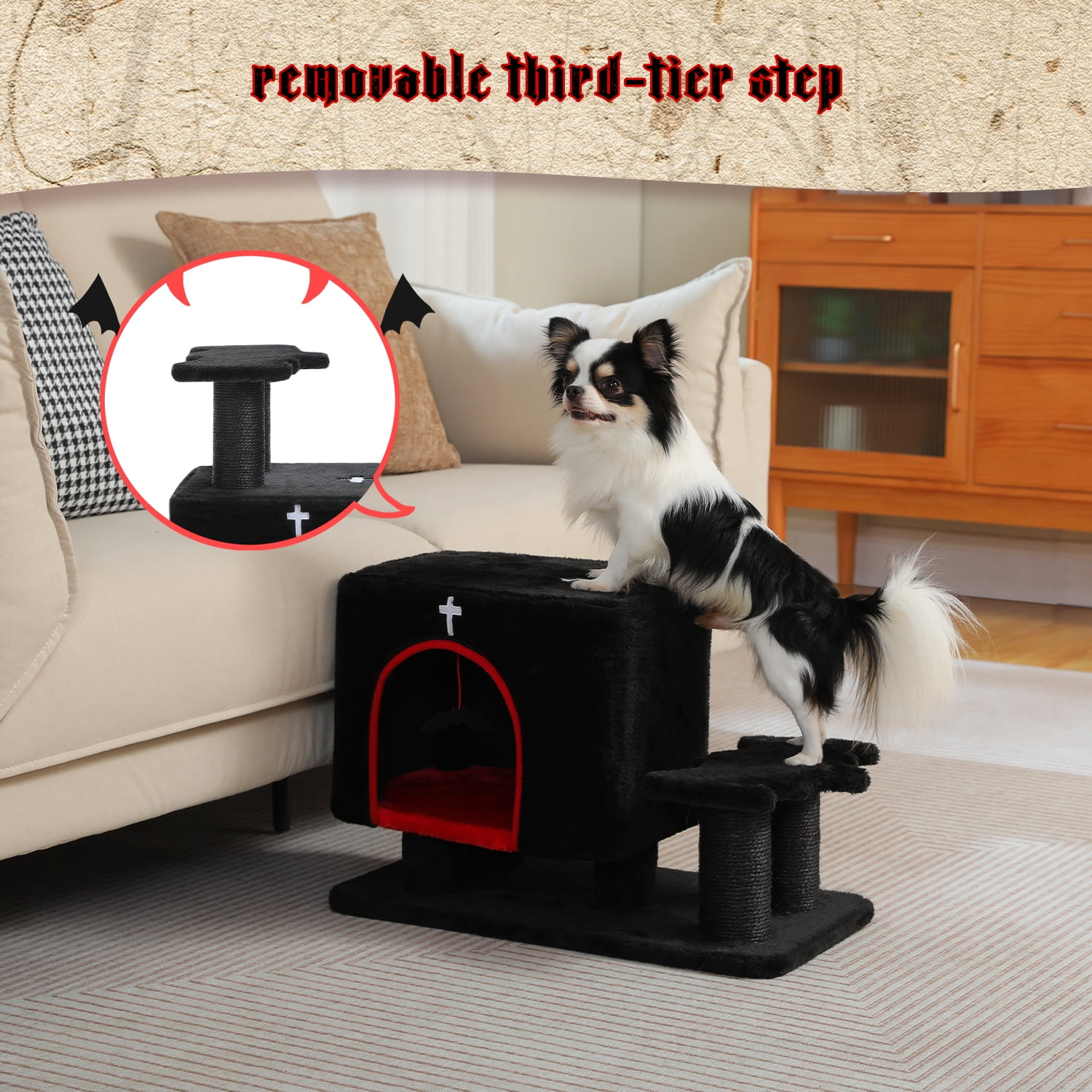 PAWZ Road 21.3" Dog Stairs with Scratching Post 3-Step Pet Stairs with Cat Condo for Small Dog Black