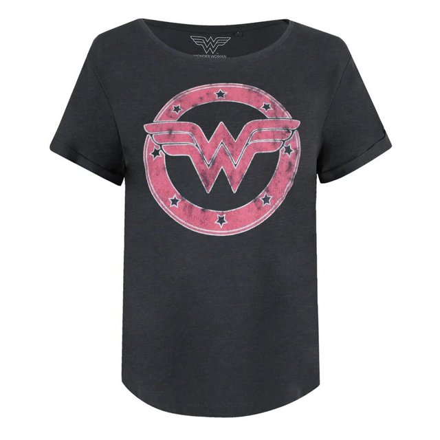 Wonder Woman - Camiseta Emblema Desgastado para Mujer (Gris Oscuro Jaspeado, Rosa)