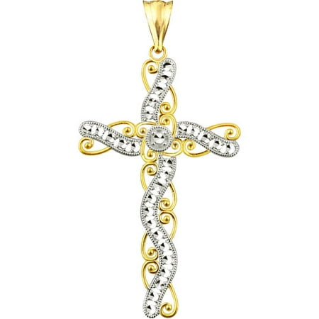 US GOLD Handcrafted 10kt Gold Diamond-Cut Ribbon Swirl Cross Charm Pendant