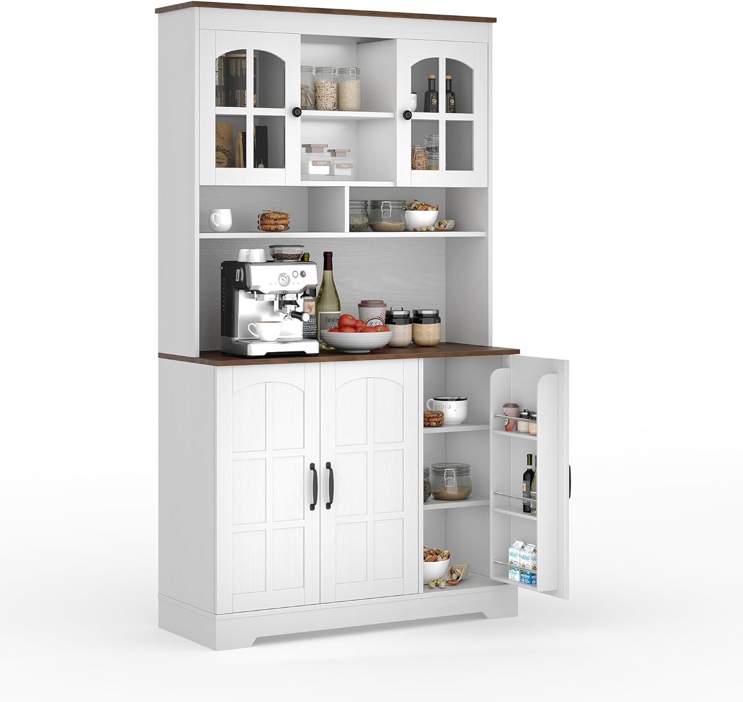 Pantry Cabinet with Charging Station, Tall Kitchen Pantry Storage Cabinet with Hutch,70.9 Inch Kitchen Cabinet with Glass Doors, for Dining Room