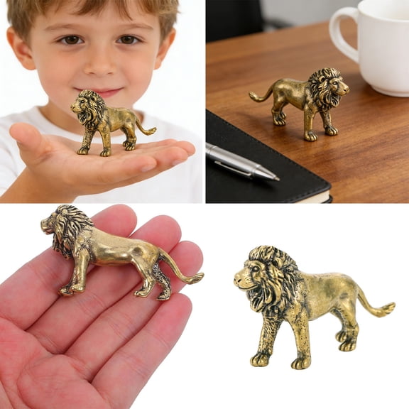 Eqslft 2.5 Inch Mini Lion Statue Figurine Sculpture, Bronze Collectible Gifts for Lion Lover Office Home Decor, Desk Accessories Decoration, Gold