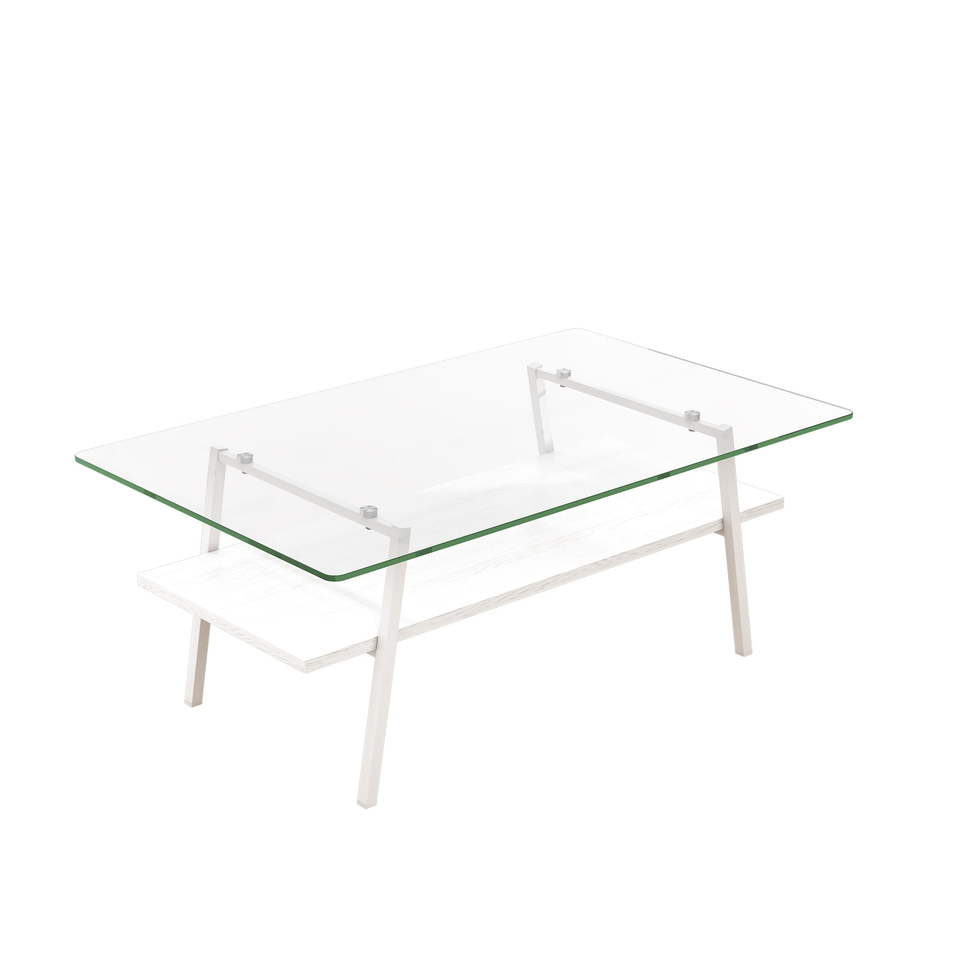 MAYEERTY Rectangle Coffee Table with Tempered Tempered Glass Top and White Metal Legs
