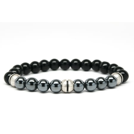 Black Onyx Mans Bracelet - Black Onyx and Hematite Beaded Mens Bracelet Stretch