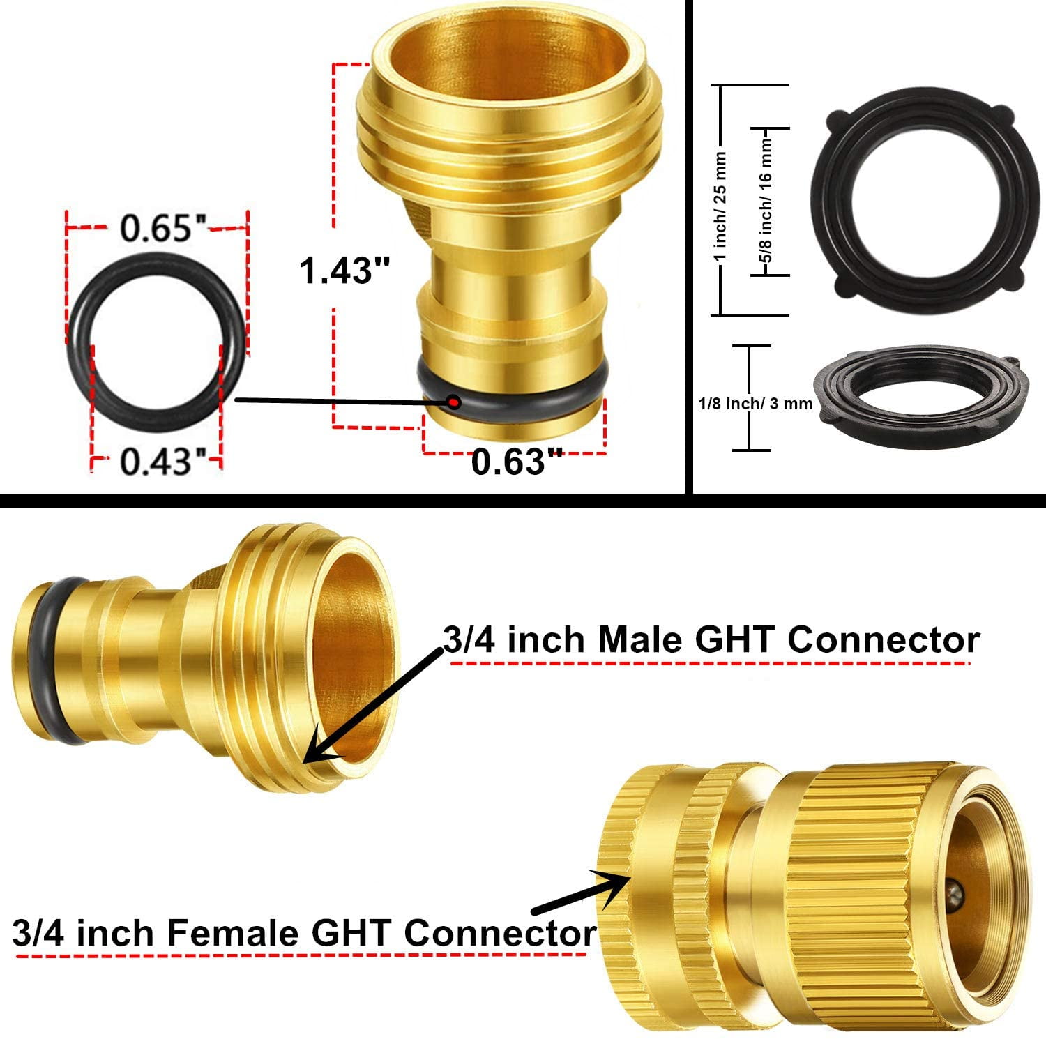 HRTGFD-5 Set Garden Hose Quick Connect Fittings Solid Brass Quick Connector 3/4 Inch GHT Garden Water Hose Connectors with Extra Rubber Washers, Male and Female