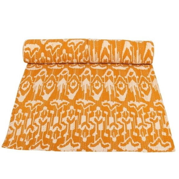 Vinsan International Handmade Kantha Quilts Cottage Throw Blanket Ikat Print Bohemian Bed Cover Yellow Color Queen size 90"x 108"