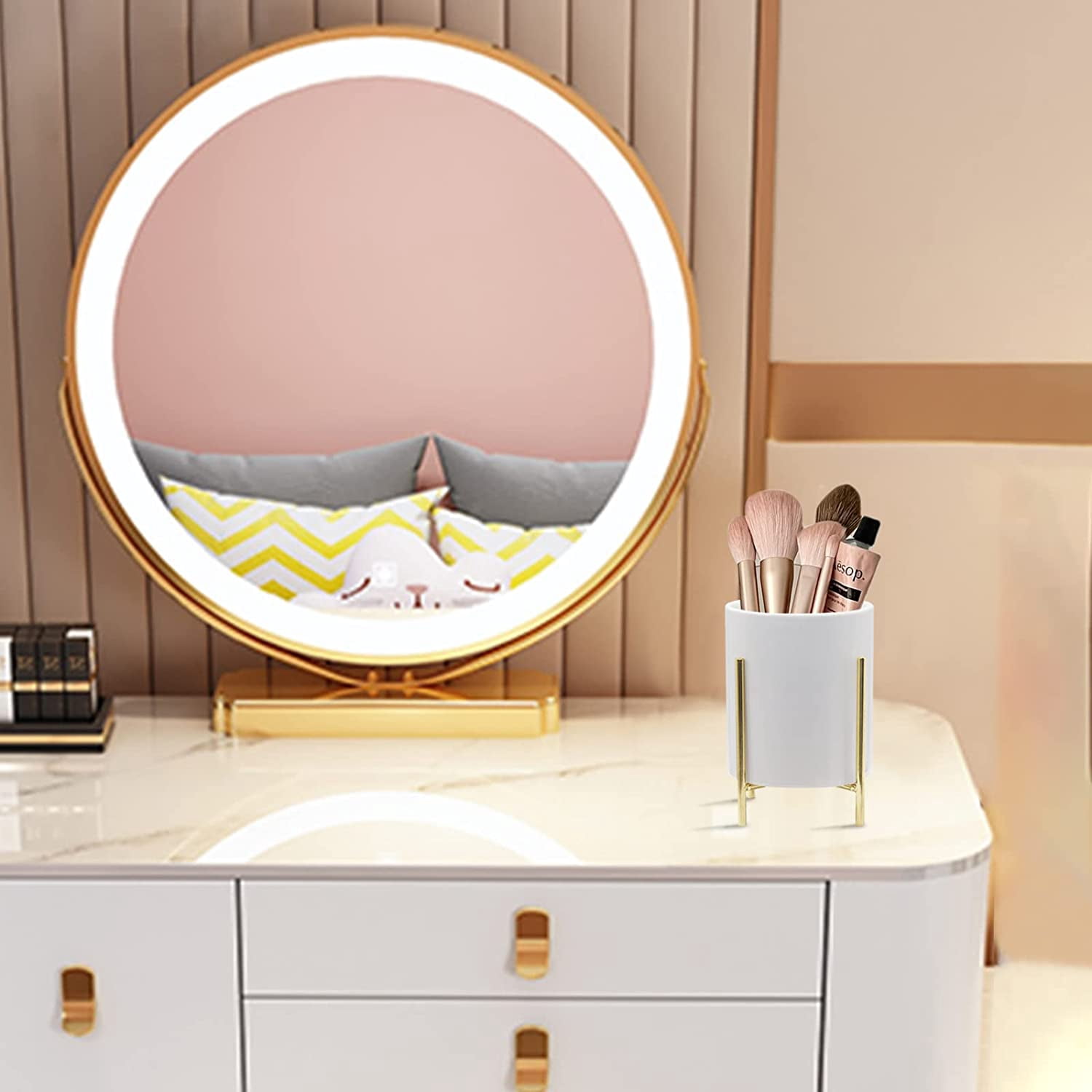 Gold Pencil Cup 2 Pcs White Ceramic Pencil Cup With Sturdy Metal Frame Makeup Brush Holder Decorate your Office Desktop, Classroom, Home, Cute and Elegant 4.7*3.15inch
