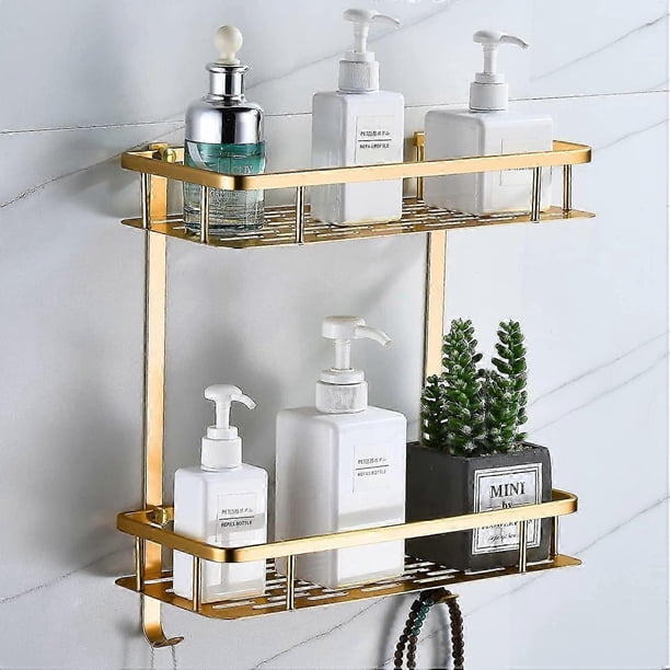 No Drilling Shower Shelf, Square Bathroom Shelf Wall Shelf for Bathroom Storage Small Wall Mounted Shower Basket with Hooks (2 Tiers, Champagne Gold)