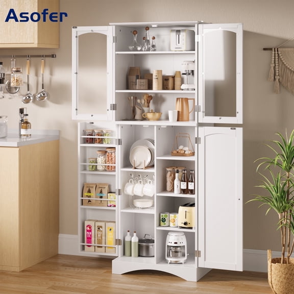 64"H Pantry Cabinet, Asofer Kitchen Storage with Glass Door, Freestanding Cabinet for Dining Room, White