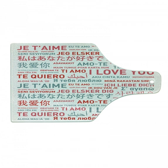 Love Cutting Board, Emotional Messages in Various World Languages Love Has No Walls Culture Art Theme, Tempered Glass Cutting and Serving Board, Wine Bottle Shape, White Grey Red, by Ambesonne