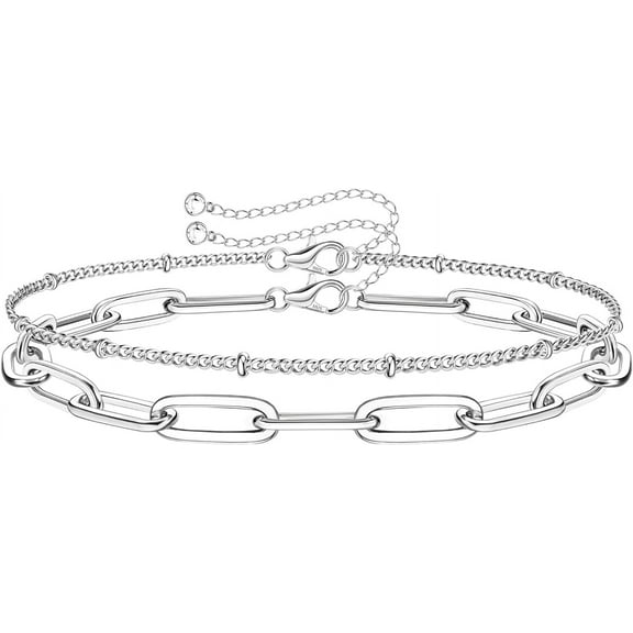 925 Sterling Silver Clasp Paperclip Chain Bracelets 14K White Gold Plated Solid Diamond-Cut Paperclip Chain Women Bracelet Adjustable Layered Satellite Beads Bracelets for Women Girls Paperclip Chain