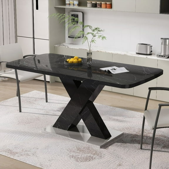 Elegant Square Dining Table, Stretchable Black Marble Top & MDF X-Shape Leg with Metal Base, Easy to Assemble