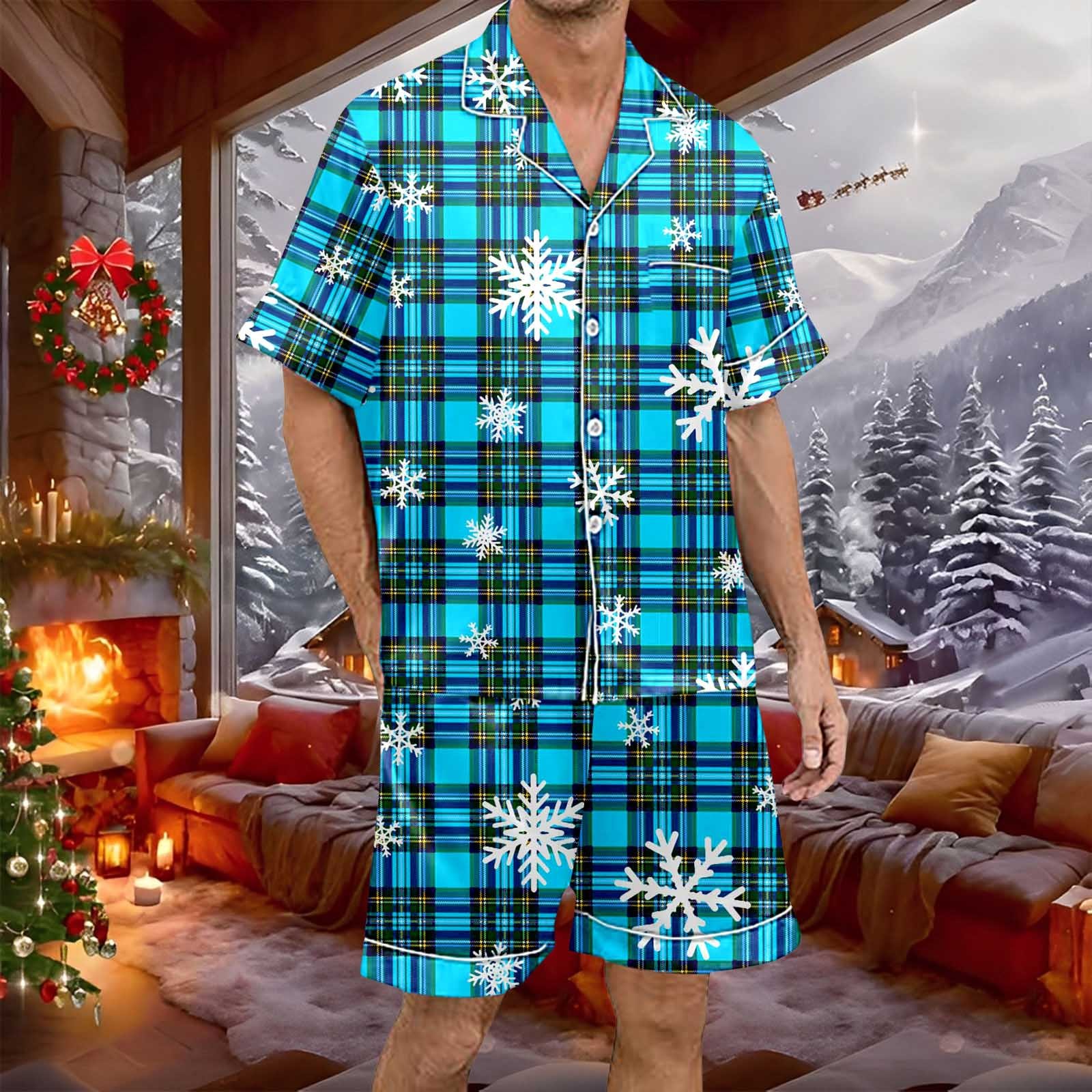 Men's Green & Blue Check Print Short Sleeve Cotton Blend Summer Pajama Set