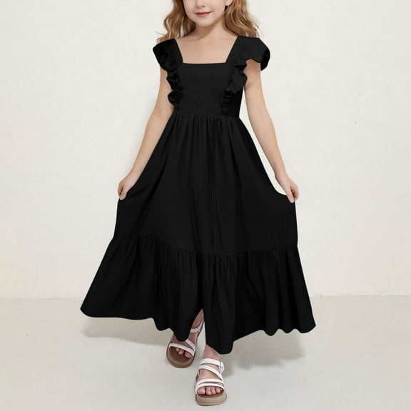 Meichang Girls' Dresses Ruffle Flutter Sleeve Square Neck Summer Maxi Dresses Casual Tie Back A-Line Ruffle Tiered Dresses Kids Swing Princess Dress