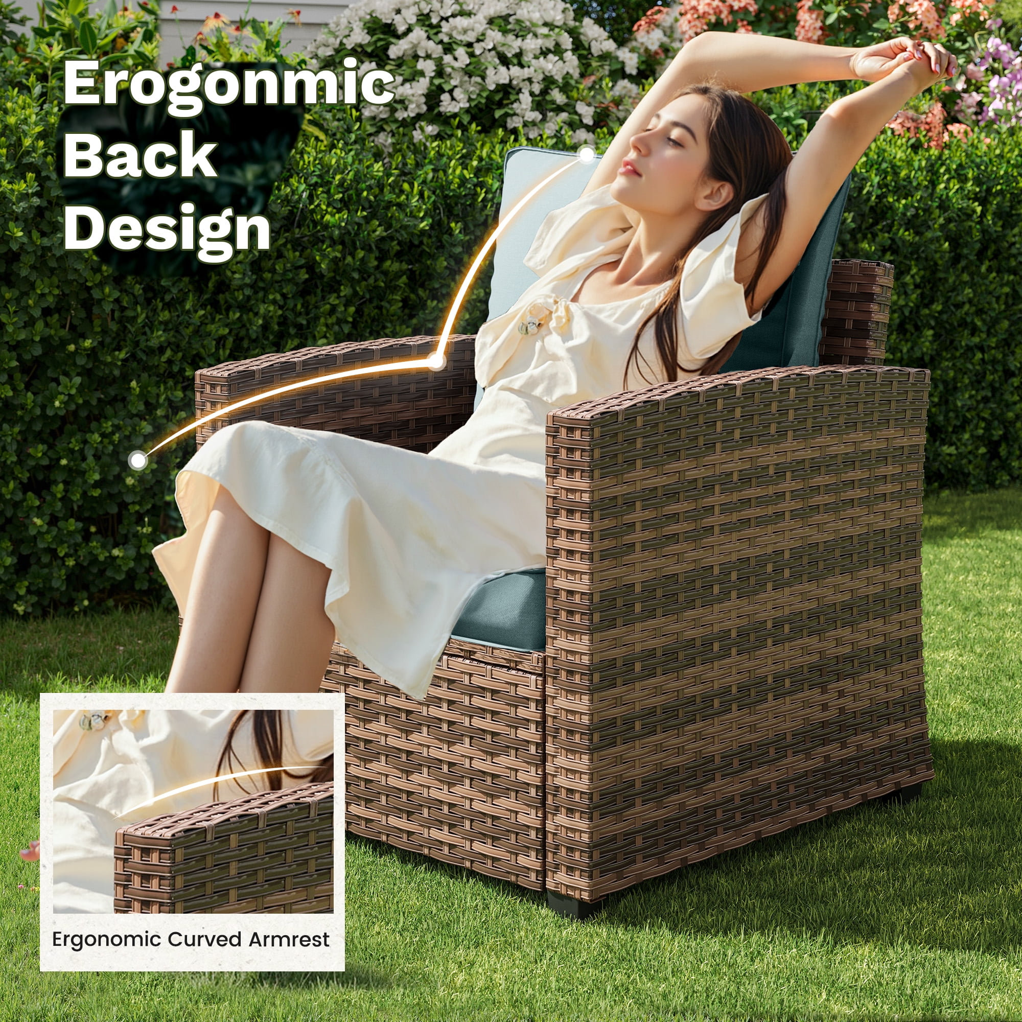Poteban Patio Furniture Set with 44" Fire Pit Table, 6 Pieces Outdoor Sectional Conversation Sets, All-Weather Wicker Rattan Sofa Ottoman with 4" Thick Cushion for Garden Backyard Deck, Light Blue