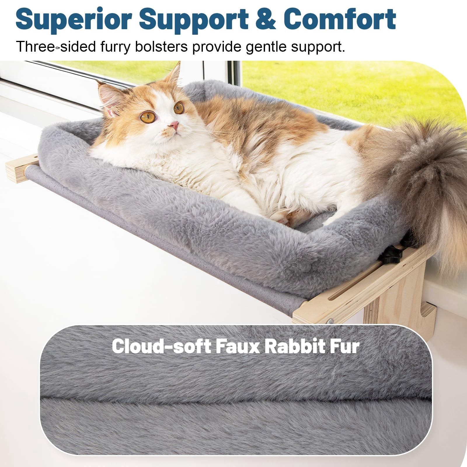 Cat Sill Window Perch - Pine Frame  Soft Rabbit Cushion Tool-free Adjustment Supports 50 Lbs (large-grey)