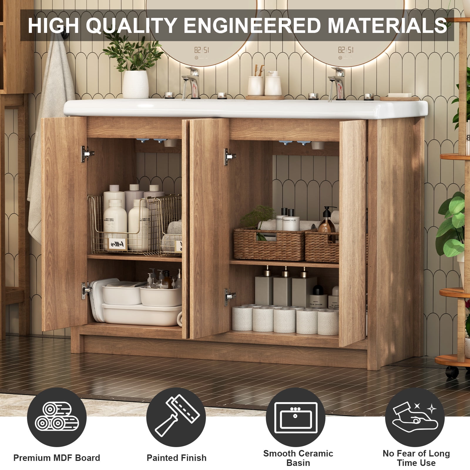 Jarbalai 47" Freestanding Double Sink Bathroom Vanity and Storage Shelves Cabinet, Oak