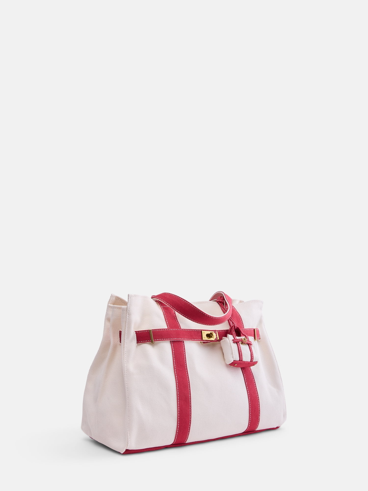 Free Assembly Women's Canvas Tote Handbag with Tote Charm, Natural with Red