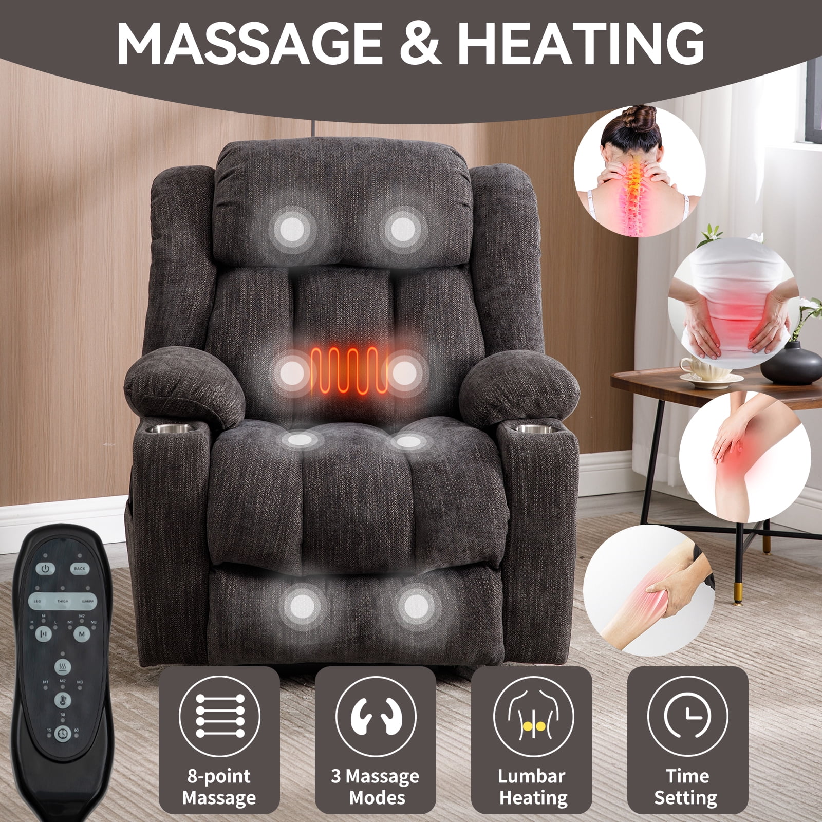 Alvantor Power Lift Recliner Chair for Elderly with Massage and Heat, Chenille Recliners Chair with USB Ports & Cup Holders Drak Brown