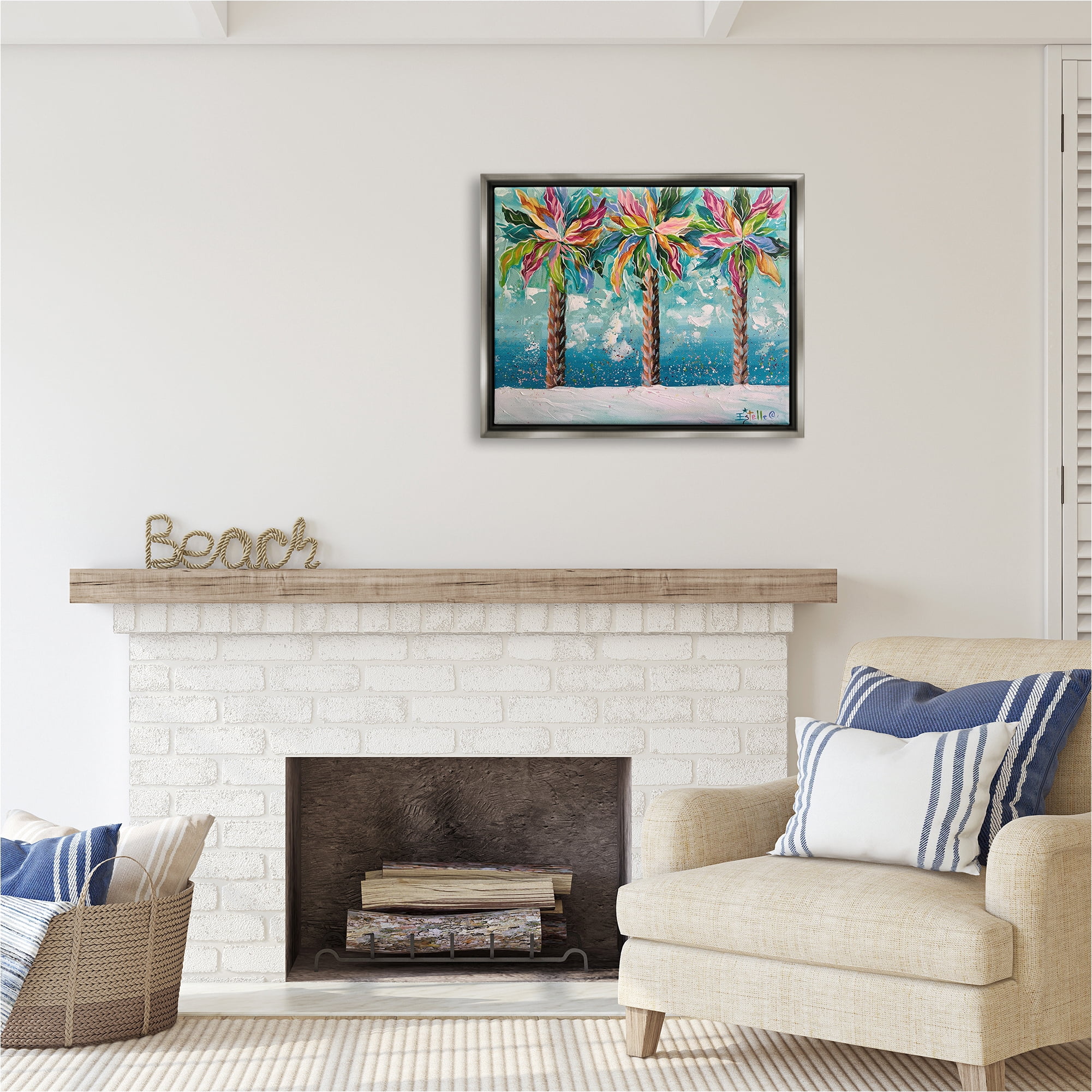 Stupell Industries Vivid Hue Palm Trees Landscape Painting Gray Floater Framed Canvas Art Print Wall Art, 31 x 25