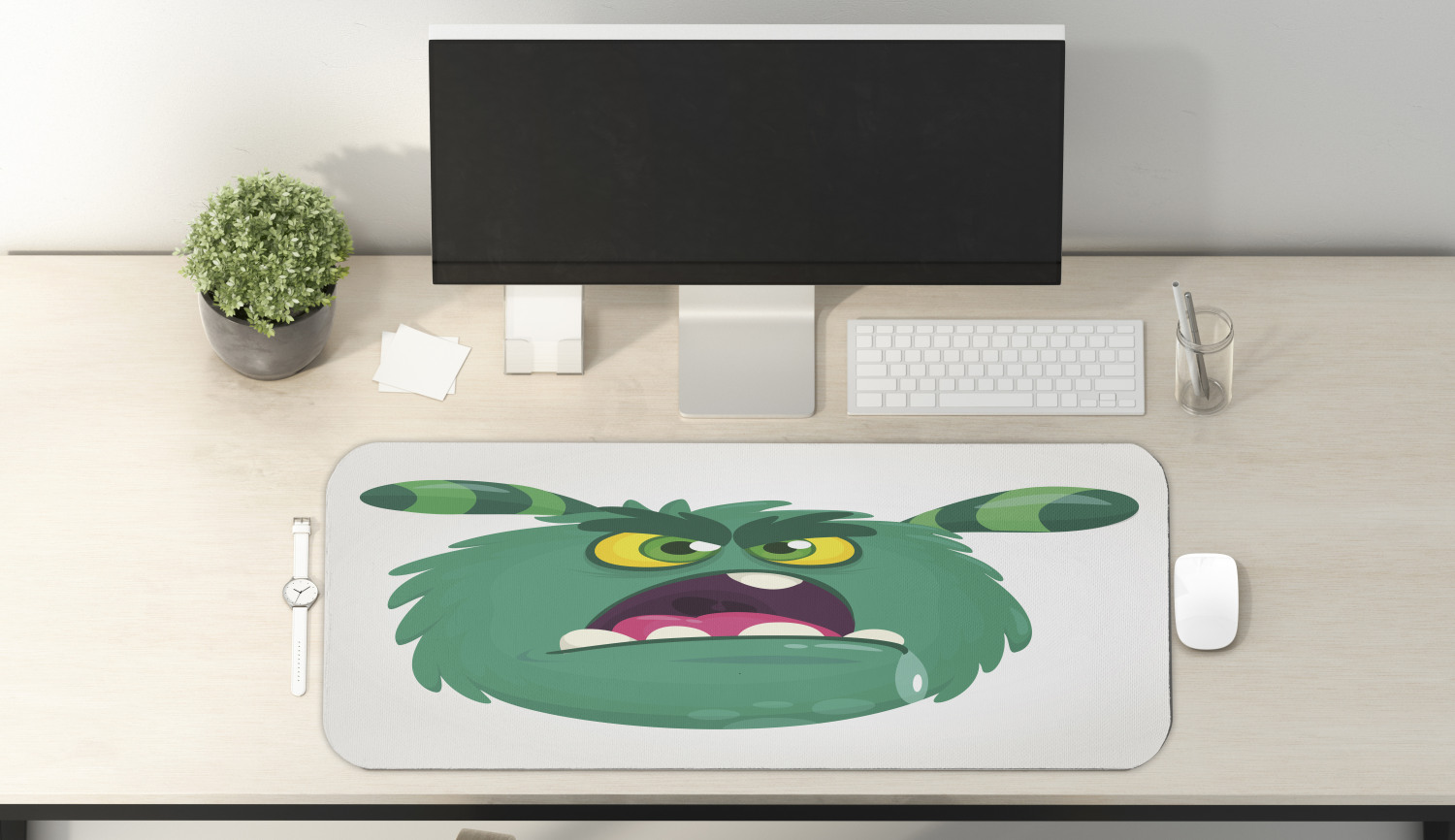 Alien Computer Mouse Pad, Fluffy Monster Angry Face Expression Hungry Big Teeth Cartoon Cartoon, Rectangle Non-Slip Rubber Mousepad Large, 31" x 12" Gaming Size, Sea Green Pink, by Ambesonne - image 2 of 2