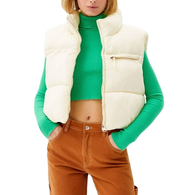 Women Winter Warm Crop Puffer Vest Sleeveless Stand Collar Zip Up Waistcoat Puffy Puffer Padded