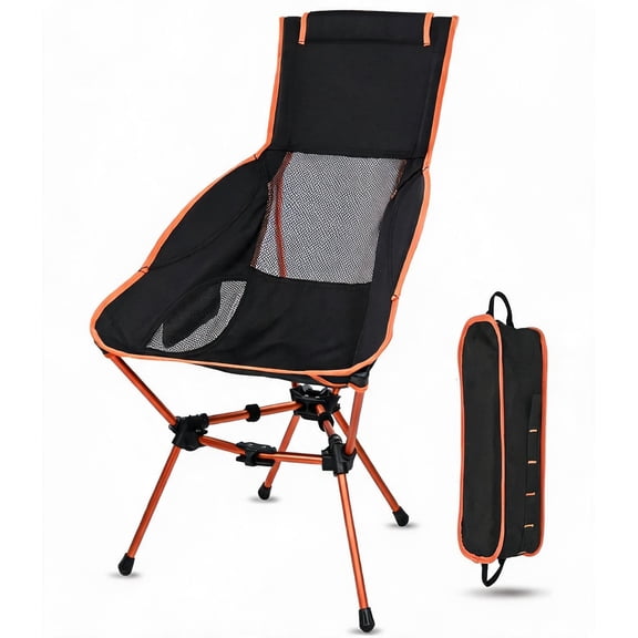 High Back Folding Camping Chair with Head Support and Wide Seat in Orange
