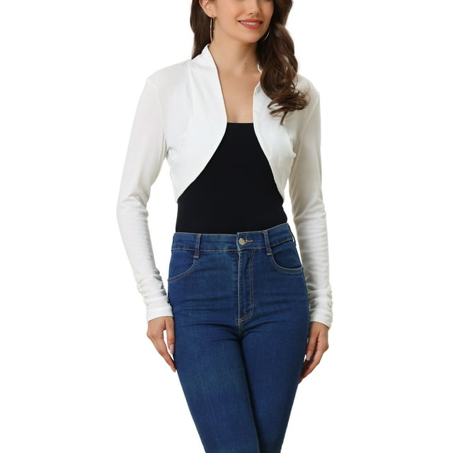 INSPIRE CHIC Women's Elegant Bolero Shrug Ruched Long Sleeve Open Front Cropped Cardigan White M