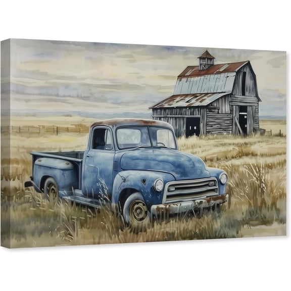 ZHONGYUTONG Farmhouse Wall Art Blue Truck Canvas Old Barn Picture Country Meadow Painting Rustic Artwork for Living Room Decor Framed (12.00" x 18.00")