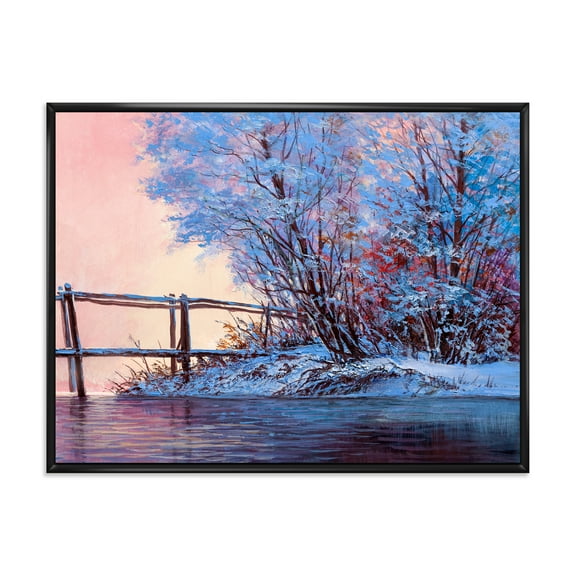 Bridge Of Meandering River With Winter Scenery I 20 in x 12 in Framed Painting Canvas Art Print, by Designart
