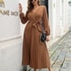 thumbnail image 3 of Vestido de mujer con manga farol, cintura alta, cinturón, plisado, con cuello en V, para invierno, otoño, señora, niñas, café L, 3 of 6