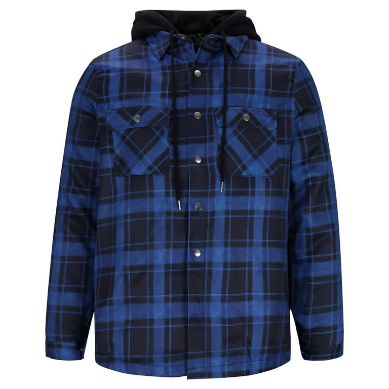 【BLUE】Hooded check shirt ZCFZJW Men's Flannel Long Sleeve Shirt Casual Drawstring Hooded