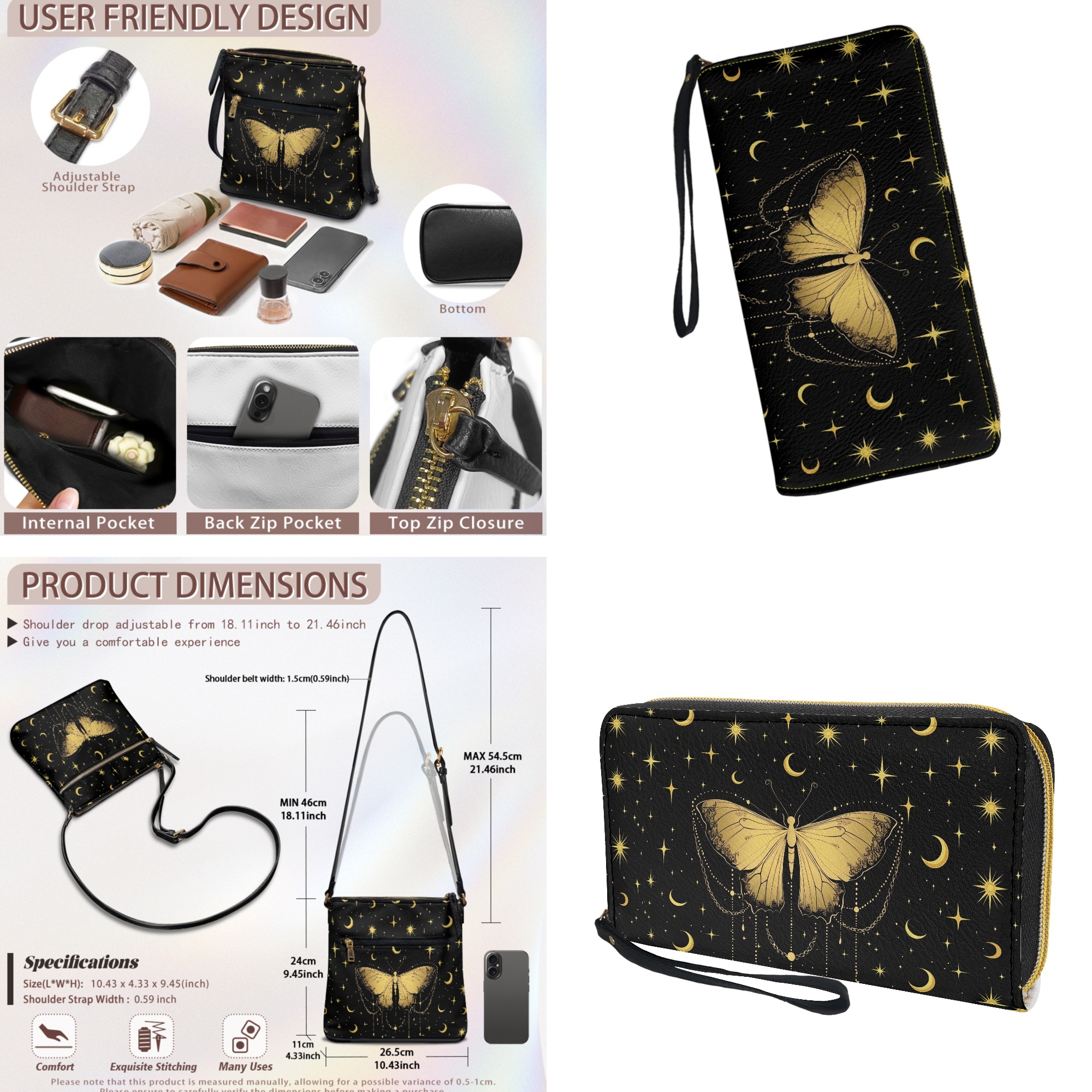 ZUXONGSY Butterfly Moon Galaxy Print Women's Large PU Leather Crossbody Bag & Wallet Set, Satchel with Multi-Pocket Design, Adjustable Strap for Travel & Work