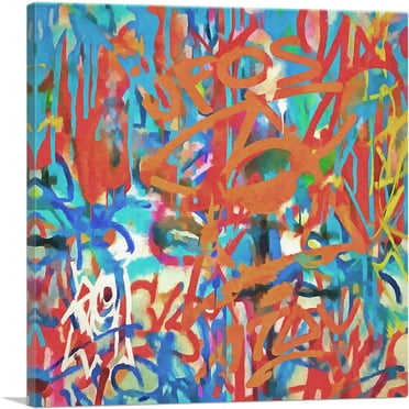 ARTCANVAS Orange Blue and Red Graffiti Modern Canvas Art Print - Size: 18" x 18" (0.75" Deep)