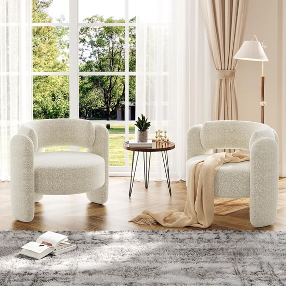 Modern Chenille Accent Chair Set of 2 Mid-Century Upholstered Living Room Chair Cozy Round Armrest Chair With Open Back Round Corner Side Sitting Lounge Armchair for Bedroom/Office/Cafe, White