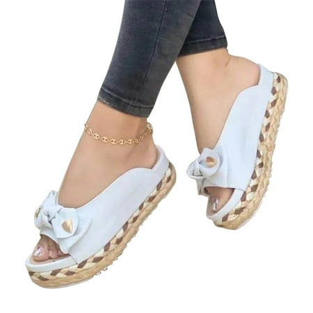 

Sandals Women Peep Toe Bow Vintage Straw Platform Heel Summer Slippers Casual Shoes