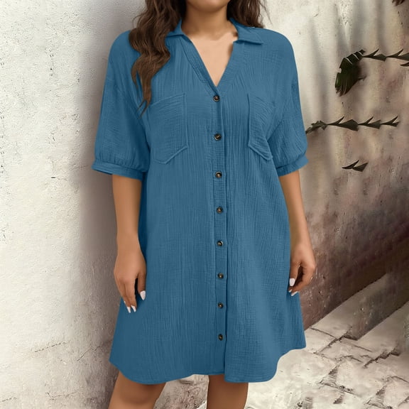 Twczz Womens Plus Size Cotton Shirt Dresses- Button Up Pleated Casual Short Sleeve Midi Work Dresses Navy Size L