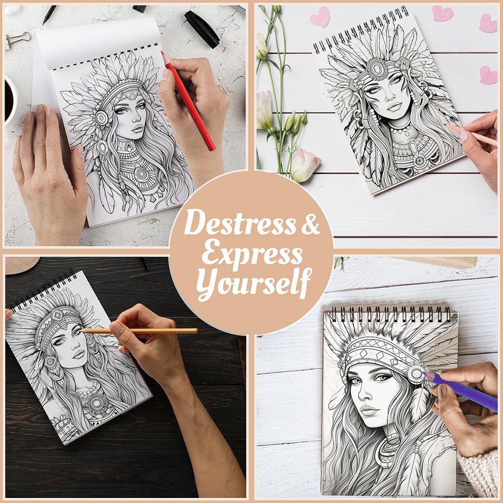 Boho Style Coloring Book Spiral Bound For Adults, A5 Wooden Cover, 30 Beautiful Coloring Pages of Black Women Styling Fashion Trends for Stress Relief and Relaxation