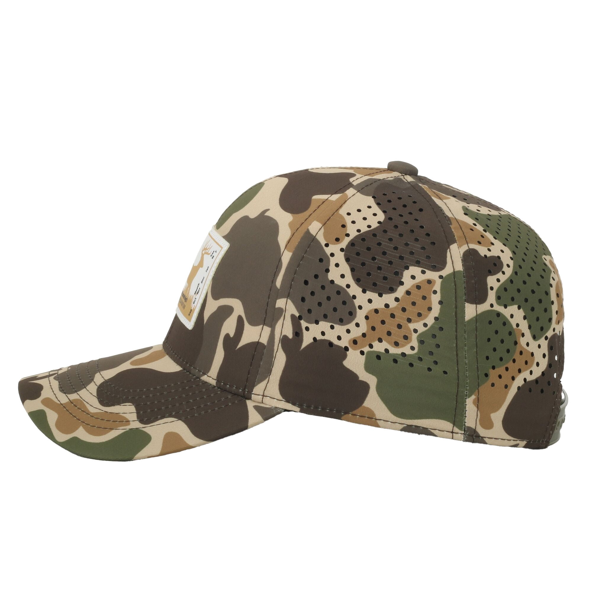 Outdoor Cap Deer Tag 6-Panel Structured Hat – Screen Print Patch, Woodland Camo with Perforated Back, One Size