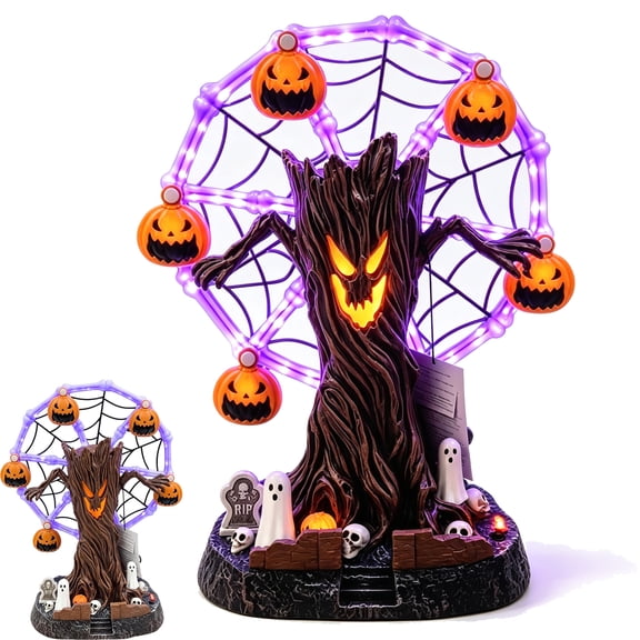 Rotating Halloween Ghost Tree Ferris Wheel Table Decor, LED Light Up Tree, Halloween Resin Figurine for Mantel Party Indoor Decor