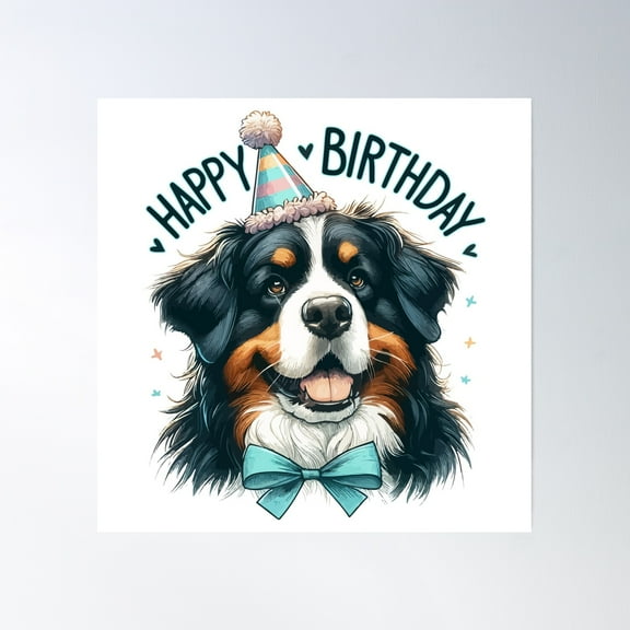 Cute Bernese Mountain Dog Happy Birthday Party Poster Wall Art, Modern Wall Decor, 16x16 UNFRAMED