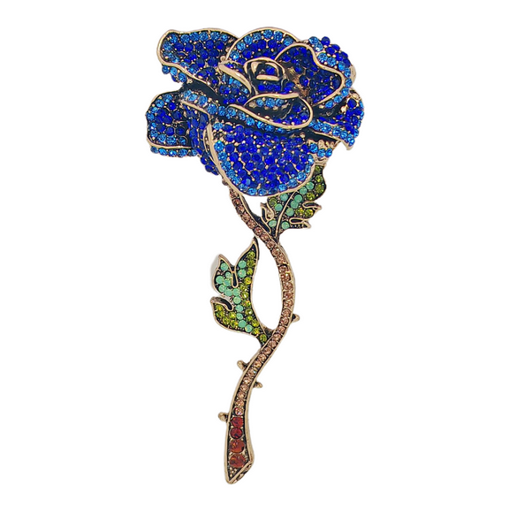Vintage Blue Crystal Rhinestone Rose Flower Brooch Pin with Long Stem
