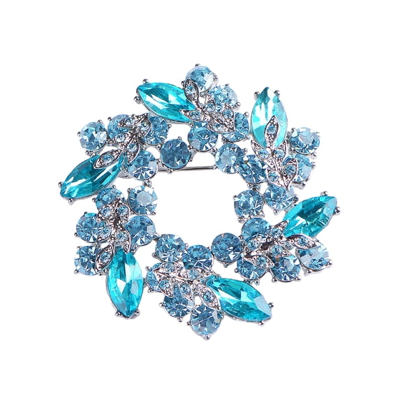 Womens Diamond Inspired Floral Wreath Holiday Christmas Old Fashion Brooch Pin, Aqua Blue