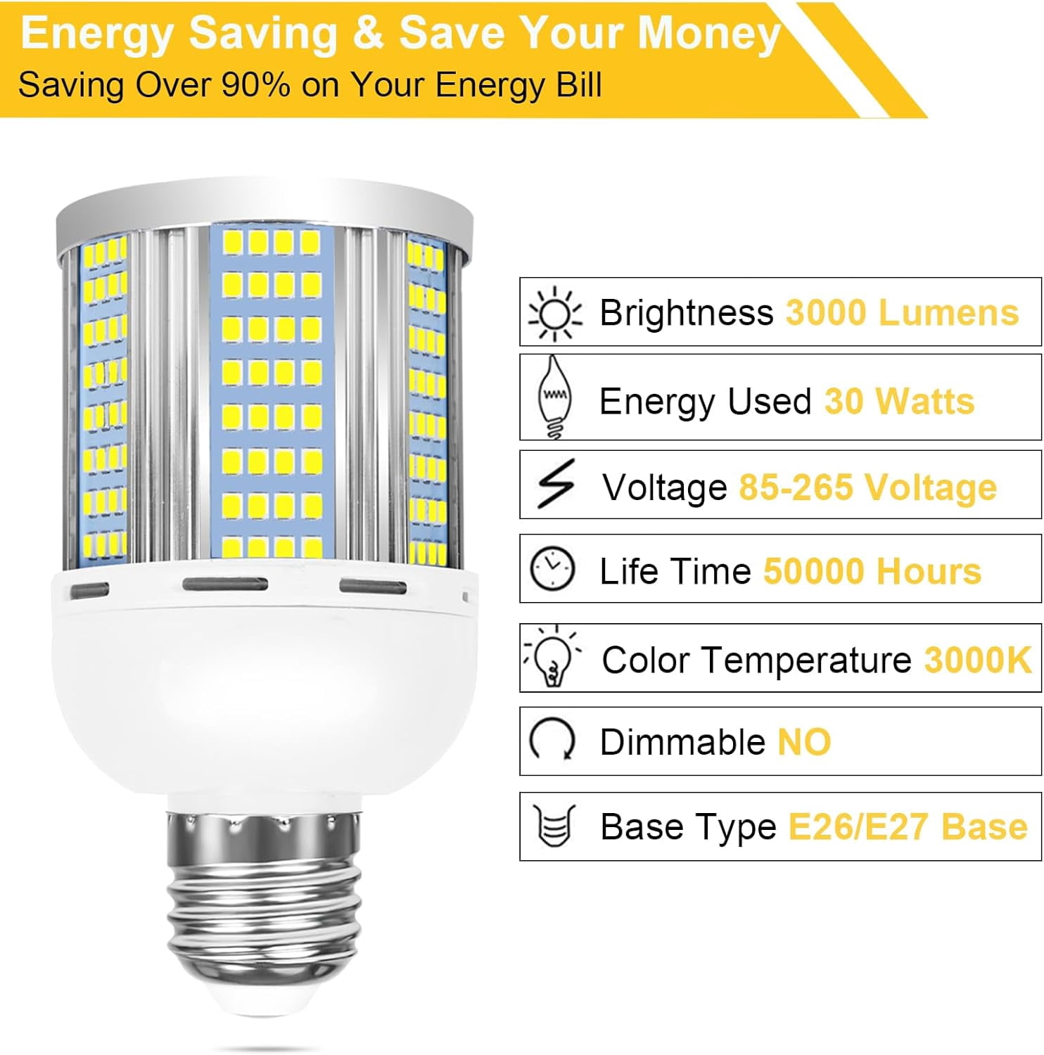 2 Pack 200W Equivalent Led Corn Light Bulb, 3000 Lumen 3000K Daylight White 30W LED Corn Lamp, E26/E27 Base LED Light Bulb for Home Garden Garage Backyard Street Office Household