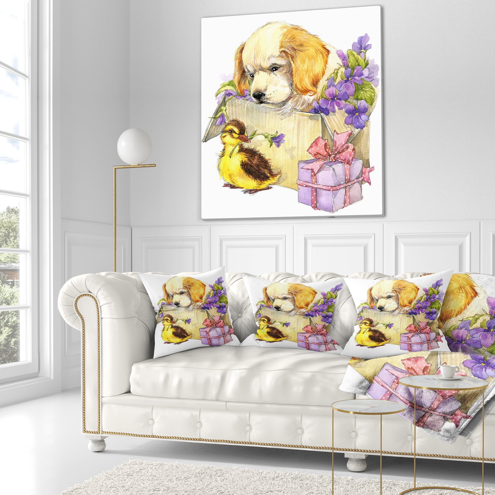 Designart Cute Puppy Dog and Duck - Contemporary Animal Throw Pillow - 16x16