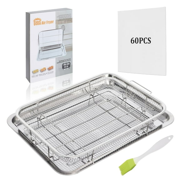Large Air Fryer Oven Basket, 15.6&quot; x 11.6&quot; Stainless Steel Crisper Tray and Pan Set with 60 PCS Parchment Paper,1 Silicone Oil Brush for Baking Grilling, BBQ, Chicken, Fries. Air