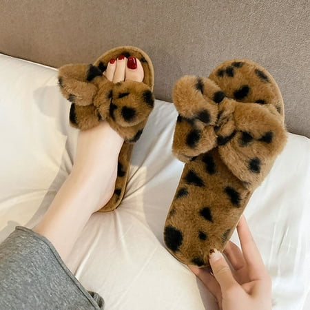

YTJX Women Slip-On Furry Flat Home Leopard Bow Open Toe Keep Warm Slippers Shoes
