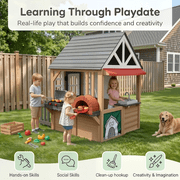 Conchico Outdoor BBQ Themed Playhouse, Wooden Backyard Kids Playhouse w/ Pretend Brick Oven, Kitchen Toy Set, BBQ Grill for Kids Ages 3-8